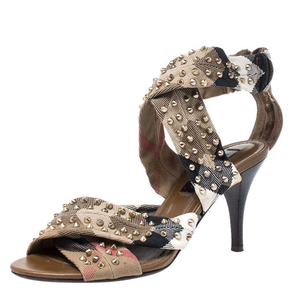 Burberry Beige Nova Check Criss Cross Canvas Spike Studded Open Toe Sandals